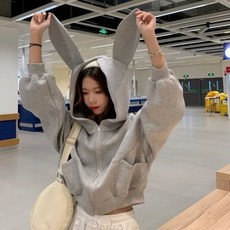 QWEEK 카와이 후드 스웻셔츠 한국 스타일 풀오버 Y2k 오버사이즈 풀 지퍼 크롭 후드 버니 이어 아우터 케이팝 패션