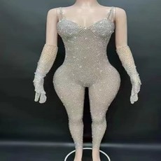 여성용 럭셔리 라인스톤 점프수트 장갑 저녁 파티 생일 섹시한 무대 메쉬 공연 댄스 코스튬 착용