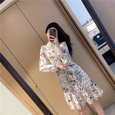 해외직구 블루 플라워 시폰 롱 소매 슬림 봄 가을 원피-17100