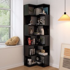  모듈책장 코너 모서리 5단 6단 7단 엔틱 책꽂이 서재 원목 수납장, 블랙 6 층 (55 x 55 x 192cm) 