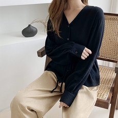 여자 브이넥 노카라 버튼 허리끈 블라우스