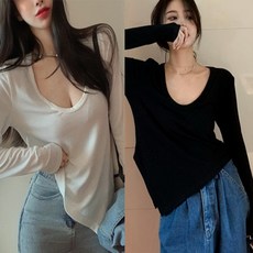 제이리스트 여리섹시 사선포인트 언발 밑단 유넥 긴팔 티셔츠 2P P-C089