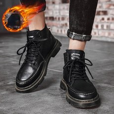 남성용 플러스 벨벳 레이스업 부츠천연 가죽 캐주얼 신발미끄럼 방지 하이탑 오토바이 부츠겨울, 39, Black