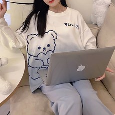 여성 봄 가을 예쁜 귀여운 캐릭터 면 긴팔 바지 파자마 투피스 잠옷 세트