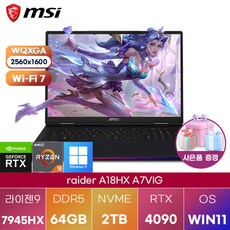 MSI 레이더 A18HX A7VIG-R9 WIN11 고사양 게이밍 영상편집 노트북, WIN11 Pro, 64GB, 2TB - 릴리슈슈cd