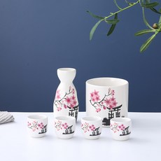 끓이는 간바레오또상 쟁반 글라스 사케디스펜서 사케잔 도쿠리, 벚꽃 1포트 4잔 1온주, 1개
