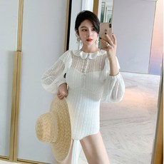 우아한 공주풍 긴팔 시스루 프릴 모노키니 호텔 호캉스 오프닝 수영복 바디프로필 바프 의상 하이레그, 엘