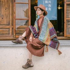 롱 망토 스카프 울 전통 몽골 문양 가을 민족 스타일 니트 가을과 겨울 두꺼운 카디건 Yunnan Lijiang Dali 휴일 술 다목적 목도리