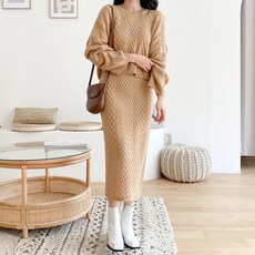 아모르데이 여성용 투웨이 꽈배기 브이넥 밴딩 스커트 긴팔 베이직 니트 투피스
