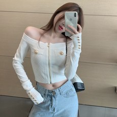 복자샵 스웨터니트이너셔츠 저고리 일자 여성 INS 오프숄더 어깨트임 숏 섹시 슬림 화이트 겨울 가을 트렌드