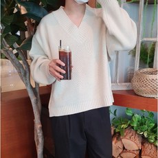 [바모스] 남녀공용 오버핏 램스울 오라리 V넥 니트