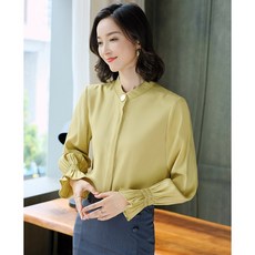 스탠딩카라 쉬폰 셔츠 여성 긴소매 0봄옷 와이드 복고 홍콩미 와이셔츠 나팔 소매 저고리