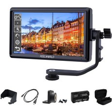 필월드 S55 V3 6인치 DSLR 카메라 필드 모니터 번들 - FHD IPS 화면 4K HDMI 인아웃 틸트 암 전원 출력 배터리 및 휴대용 케이스 포함