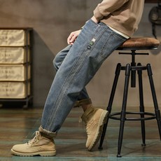 바지 레트로 블루 하렘 빈티지 의류 청바지 남성용 와이드 레그 패션 포켓