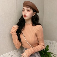스웨터 여성 숏 긴 소매 겨울 가을 두꺼운 주름 레이스 넥 상의 슬림 이너웨어
