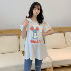 로덴인컴 임산부원피스 임부원피스 여름옷 스타일리쉬 타입 오버핏 미디 롱 오프숄더 어깨트임 미키마우스티셔츠 상의