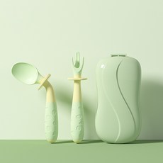브레인포 어린이 식기 세트 이유식 먹기 훈련 포크 숫가락, 02-그린