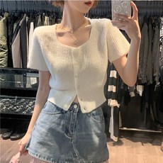 여성용 데일리 부클 스퀘어 크롭 반팔 니트 가디건