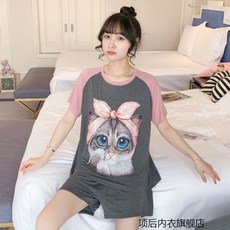 others 파자마 여학생 루즈 한 판 여 여름 얇 은 반팔 한국 귀여운 학생 사이즈 봄 홈 웨 어 두 벌 세트 두건 고양이 - M