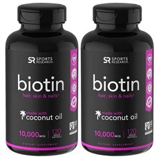 Sports Research 스포츠리서치 비오틴영양제 Biotin 10 000mcg 유기농 코코넛 오일 함유 120캡슐 2팩, 1개