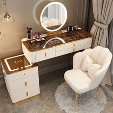 화장대 세트 연예인 화장대 거울 포함, 갈색 유리 + 원형 거울 / 흰색 / 의자 (I), 100cm
