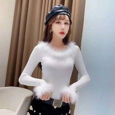 통제함 3섹시 라운드넥 펀칭 등트임 긴 소매 커프스 리얼 퍼