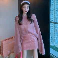 EV1793 핑크쉬 로맨틱 시스루 그물 니트 스웨터