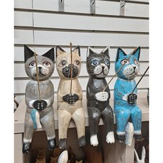 [소품팩토리]시크한 빈티지 목각 낚시 고양이인형 L 선반장식소품 카페 장식용품, 그레이