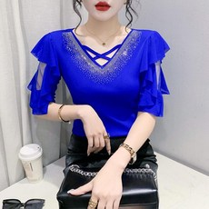 쉘위댄스 고급브이넥댄스복 라인댄스상의 여성댄스상의 반팔댄스복 라틴 벨리 M 레드 상품 이미지
