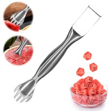 수박 커터 스테인레스 스틸 2-In-1 과일 커터 포크 수박 슬라이서 효율적인 절단 도구, 은, 1개