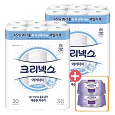 크리넥스 에어터치 아쿠아 패밀리팩 3겹 45M 30롤 2팩 +마이비데30매 2팩, 2개, 30개입