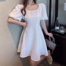 봄빛[M-4XL]퍼프 플라워 주름 데일리 미니 플레어 원피스