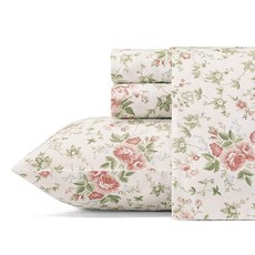  Laura Ashley Home 새틴 컬렉션 침대 시트 세트 실크처럼 매끄럽고 빛나는 광택의 100% 면 주름 방지 침구 퀸 릴리안, Queen 