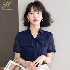미시블라우스 H 여왕 여름 간단한 사무실 레이디 여성 셔츠 레이스 업 보우 반소매 캐주얼 OL 느슨한 4602334394, 1개, M
