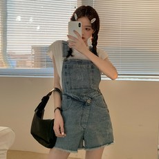[JE108562] 실제촬영실가 빗단추모직와이드 데님 멜빵 반바지여성+루즈 나시티셔츠두개세트담는다.8361