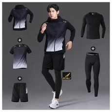 (5PCS 세트)BLACK FIT 남성 컴프레션 트레이닝복 세트 빅사이즈 반팔 반바지 긴팔 피트니스 헬스 축구 레깅스 운동복 봄 여름 가을 겨울 NK401