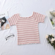 여성 스트라이프 오프 숄더 티셔츠 뜨개질 Flounce 헴 티셔츠 여성 반팔 티셔츠 귀여운 자르기 티셔츠 여성 2021 여름