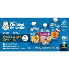 Gerber 이유식 파우치 밸류 팩 과일 및 채소 파우치 - 애플 호환 페어 피치 (3) 바나나 블루베리 고구마 유아용 (각 99.2g(3.5온스)) (9팩), 1개