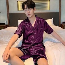 남성용 솔리드 홈 실크 컬러 잠옷 새틴 반바지 캐주얼 슬리브 세트 파자마 얇은 셔츠 2개