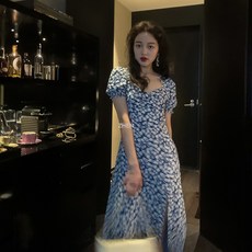 viss 골드 프렌치 플라워 원피스 여성 2020년 여름 데이지 경숙 a자 시폰 스커트, S, 프랑스 파리 꽃