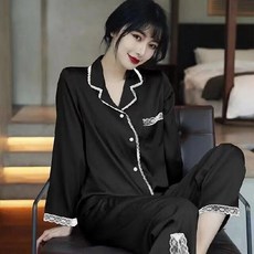 봄가을 얼룩 여성 잠옷 세트 긴팔 바지 투피스 레이스 실크 홈웨어 의류