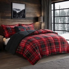 울리치 Woolrich Alton 울트라 소프트 플러시 셰르파 베르버 다운 대체 추운 날씨 겨울 따뜻 이불 세트 침구 풀/퀸 그레이/보리 4피스, 레드 격자 무늬