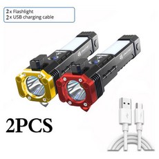 LED 손전등 다기능 슈퍼 브라이트 사이드 라이트 COB 내장 배터리 USB 충전 자석 토치 안전 망치 포함, 1) Yellow Red, 1개