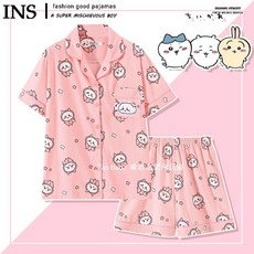 먼작귀 상하의 세트 잠옷 순면 우사기 치이카와 파자마 여성 반팔 여름 면사 심플 홈웨어