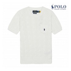 [POLO RALPH LAUREN] 폴로 랄프로렌 여성 슬림핏 케이블 반팔 크루넥 포켓 니트 화이트