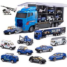 Joyfia 10 in 1 경찰 장난감 다이 캐스트 경찰 순찰 구조 트럭 캐리어 자동차 장난감 Playset의 미니 경, Blue_One Size, Blue, 상세 설명 참조0