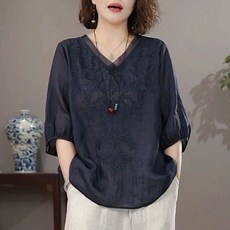 중년 여성 면 마 반팔 티셔츠 여름 캐주얼 자수 브이넥 텐셀 블라우스 얇은 복고풍 반팔티 루즈핏 데일리 멈마 상의 WMY