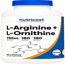 Nutricost L-Arginine L-Ornithine 750mg; 180 Capsules 뉴트리코스트 L-아르기닌 L-오르니틴 750mg; 180 캡슐, 180정, 1개
