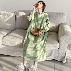 어나더드림 여성용 스트라이프 커피 원피스 피치기모 수면 잠옷