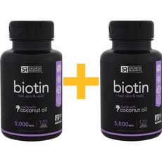 스포츠 리서치 [1+1]코코넛 오일 함유 바이오틴 5 000mcg 베지 소프트젤 120정 x 2개, 2병, 120